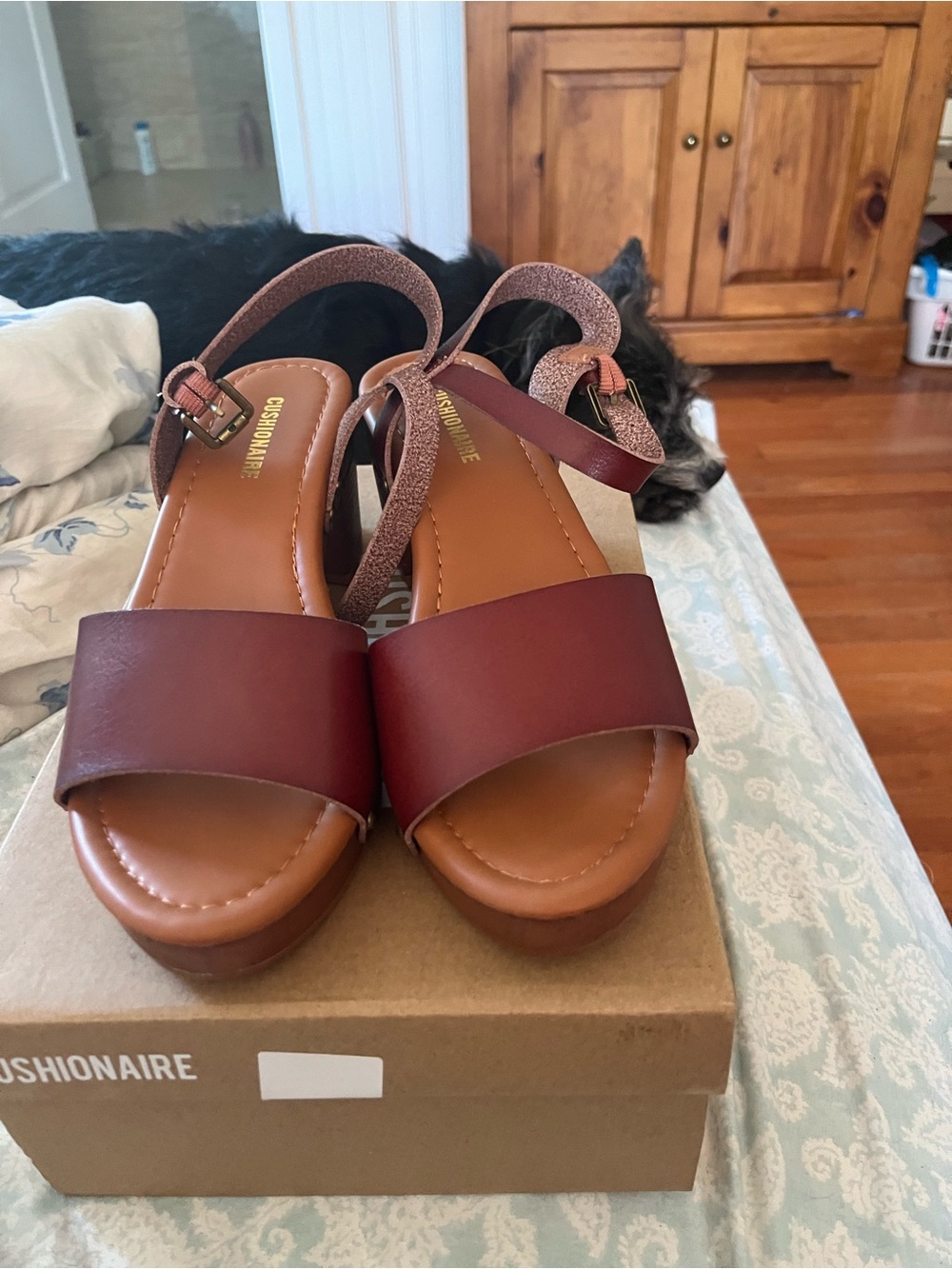 Cushionaire Women's Wine Leather Platform Wedge Sandal